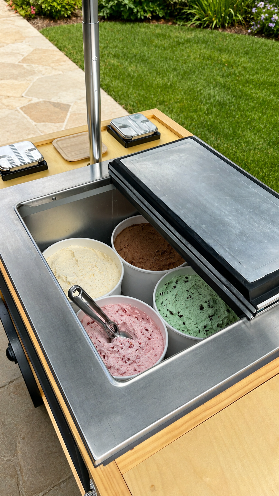 Open freezer space with ice cream tubs inside the HoneyBee cart