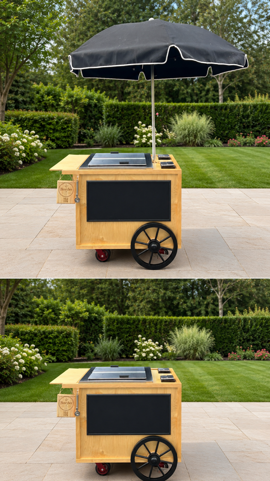 HoneyBee cart shown with and without the umbrella