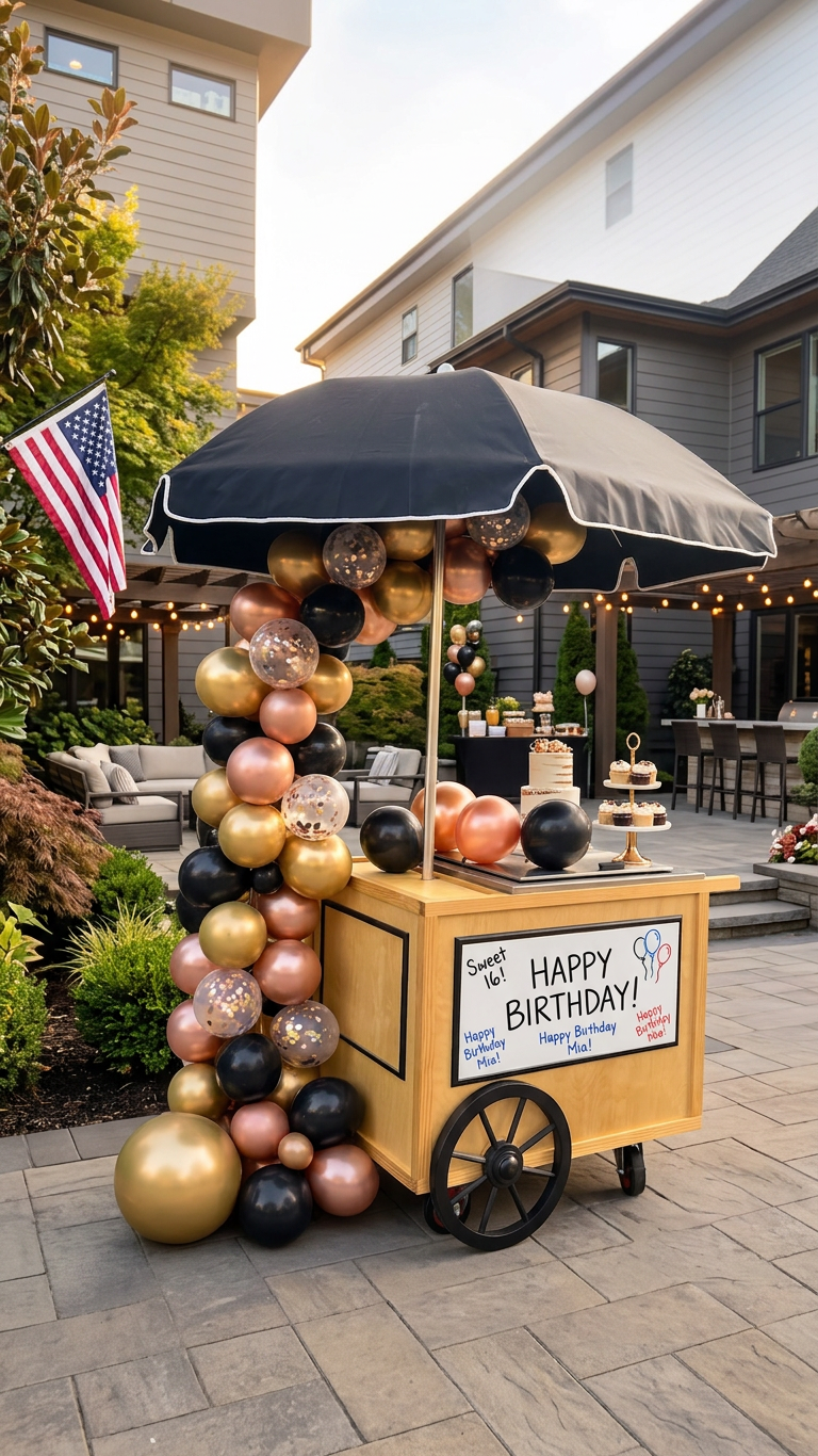 HoneyBee Ice Cream Cart styled for a birthday party with balloons and dessert displays